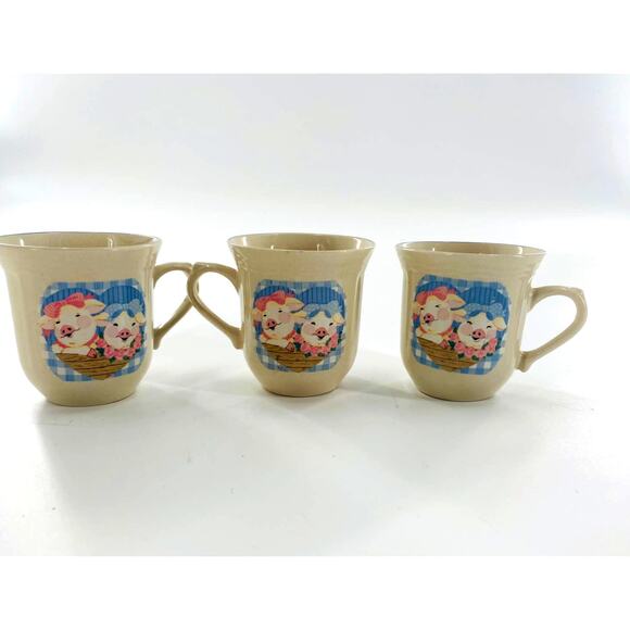 Tienshan Stoneware PIG PALS pink & blue 3.25" teacups SET OF 3 - Picture 1 of 9